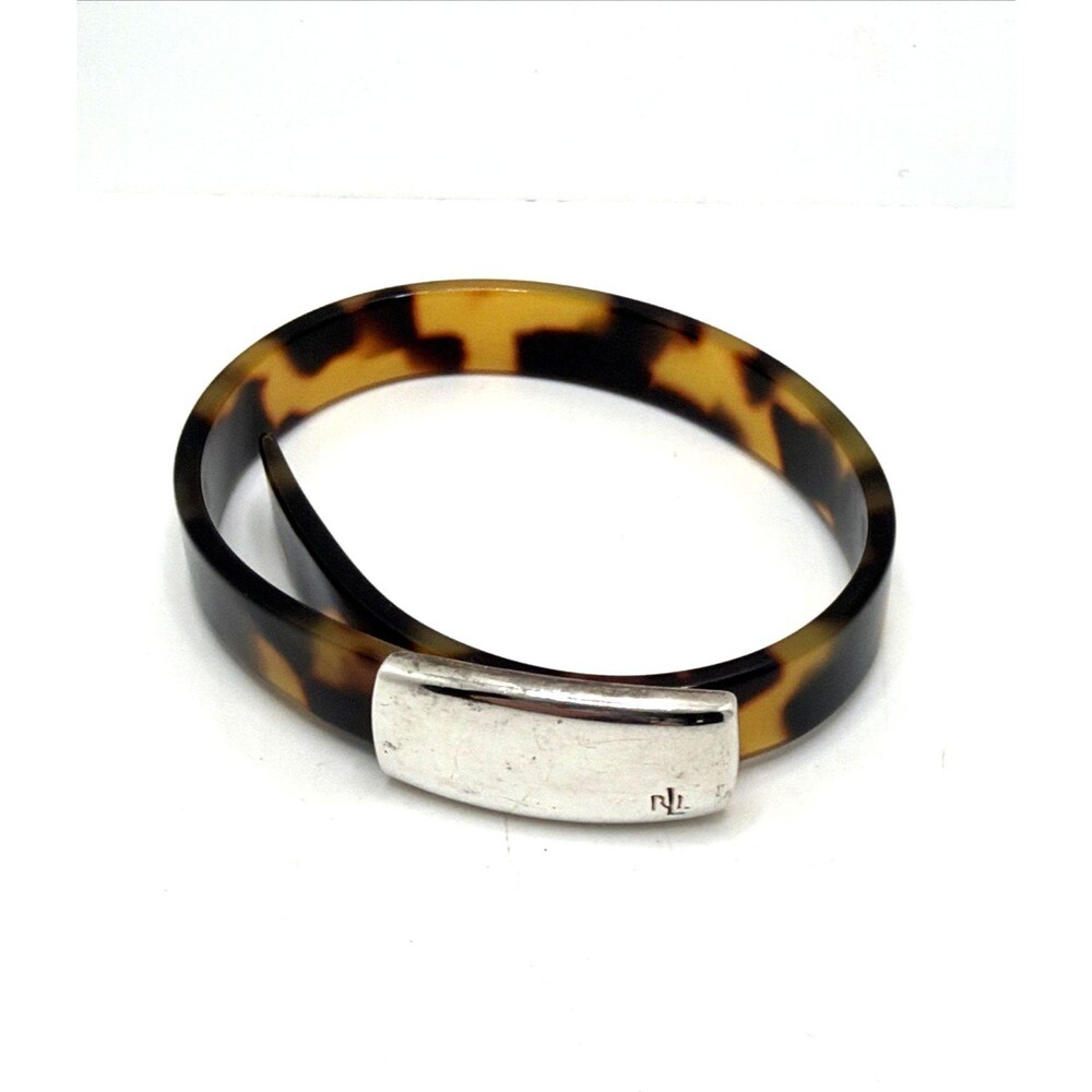 Ralph Lauren Faux Tortoise Shell Bracelet Silver Plated Bar Center 6.5"